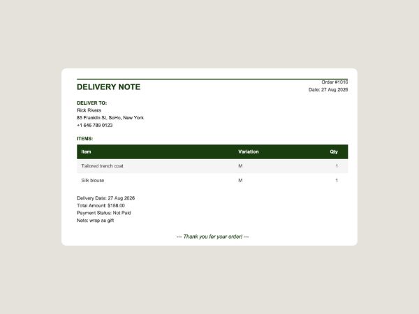 Pastachio delivery note document