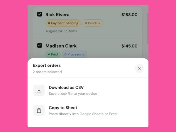 Pastachio export orders menu with CSV and sheet options