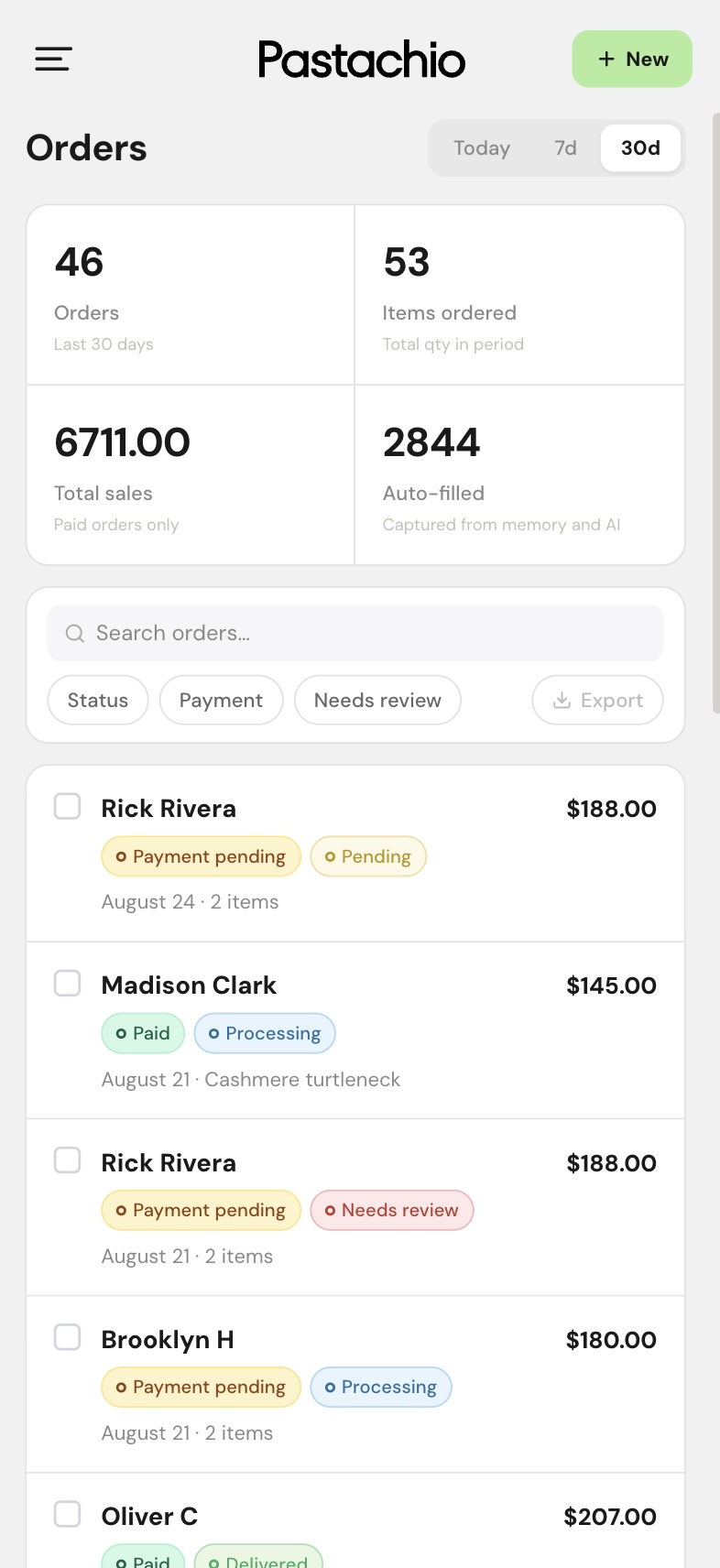 Pastachio mobile order management dashboard