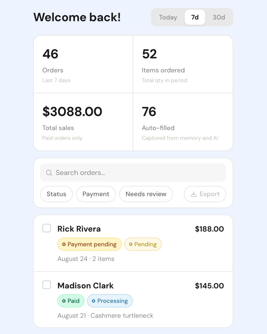 Pastachio shop dashboard showing order analytics and order status